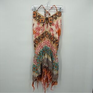 Kaelyn Max Multicolor Boho Halter Neckline Asymmetrical Long Top Mini Dress 1X